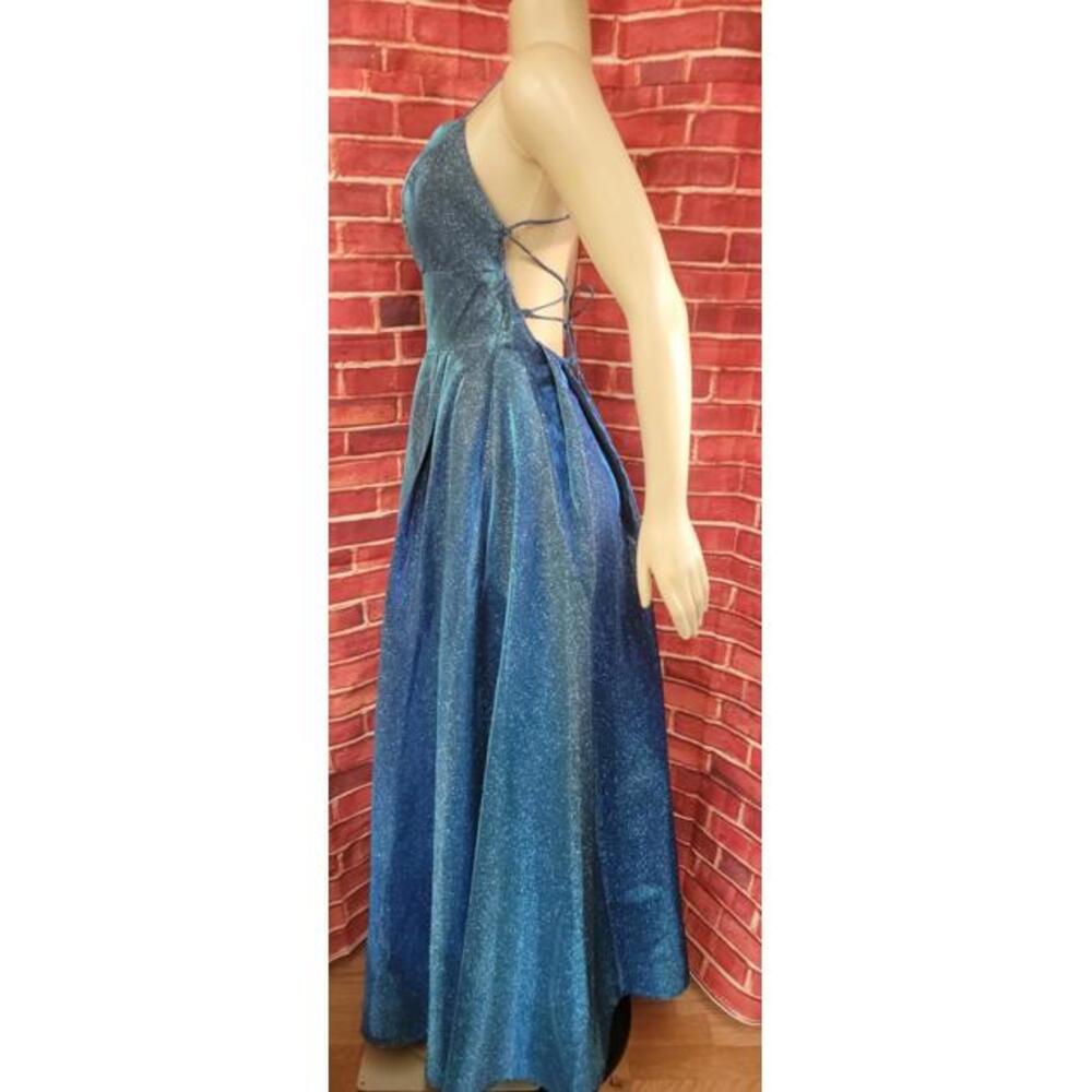 EUREKA - METALLIC BLUE WOMEN'S BALLGOWN SCOOP NECKLINE SIDE SLIT XS  #03 - Picture 7 of 10